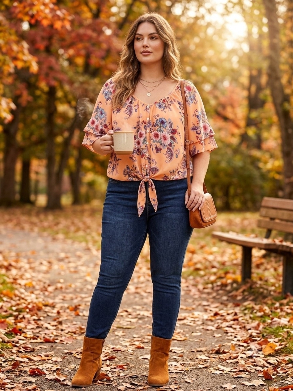 Counterparts Peach Floral Paisley Tie-Front Blouse